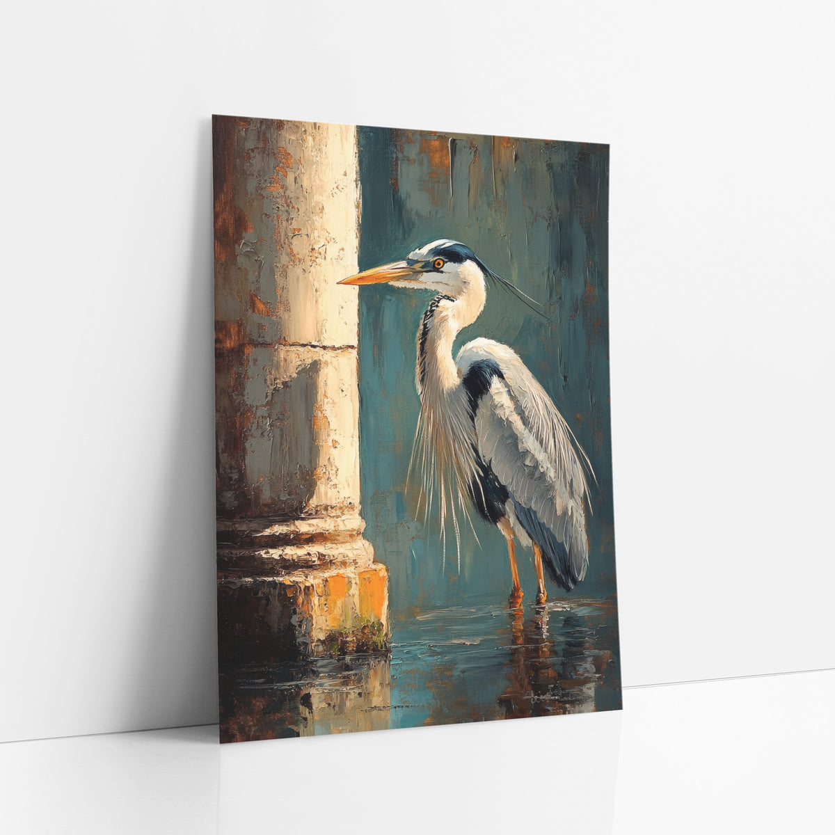 Left Facing Heron Teal Classic art print leaning against a white wall – gray heron standing in shallow water beside a cream