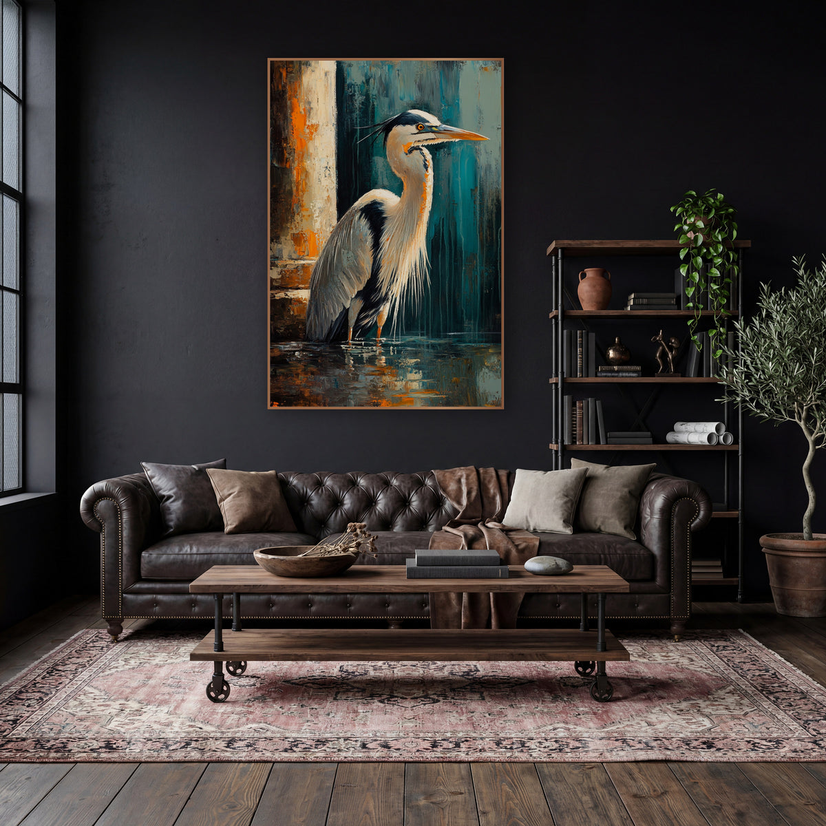 Heron in Teal and Rust Abstract wall art in a moody dark academia room – heron standing in dark water beside a cream