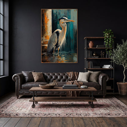 Heron in Teal and Rust Abstract wall art in a moody dark academia room – heron standing in dark water beside a cream