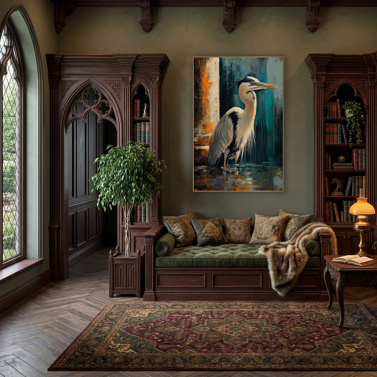 Heron in Teal and Rust Abstract wall art in a moody dark academia room – heron standing in dark water beside a cream