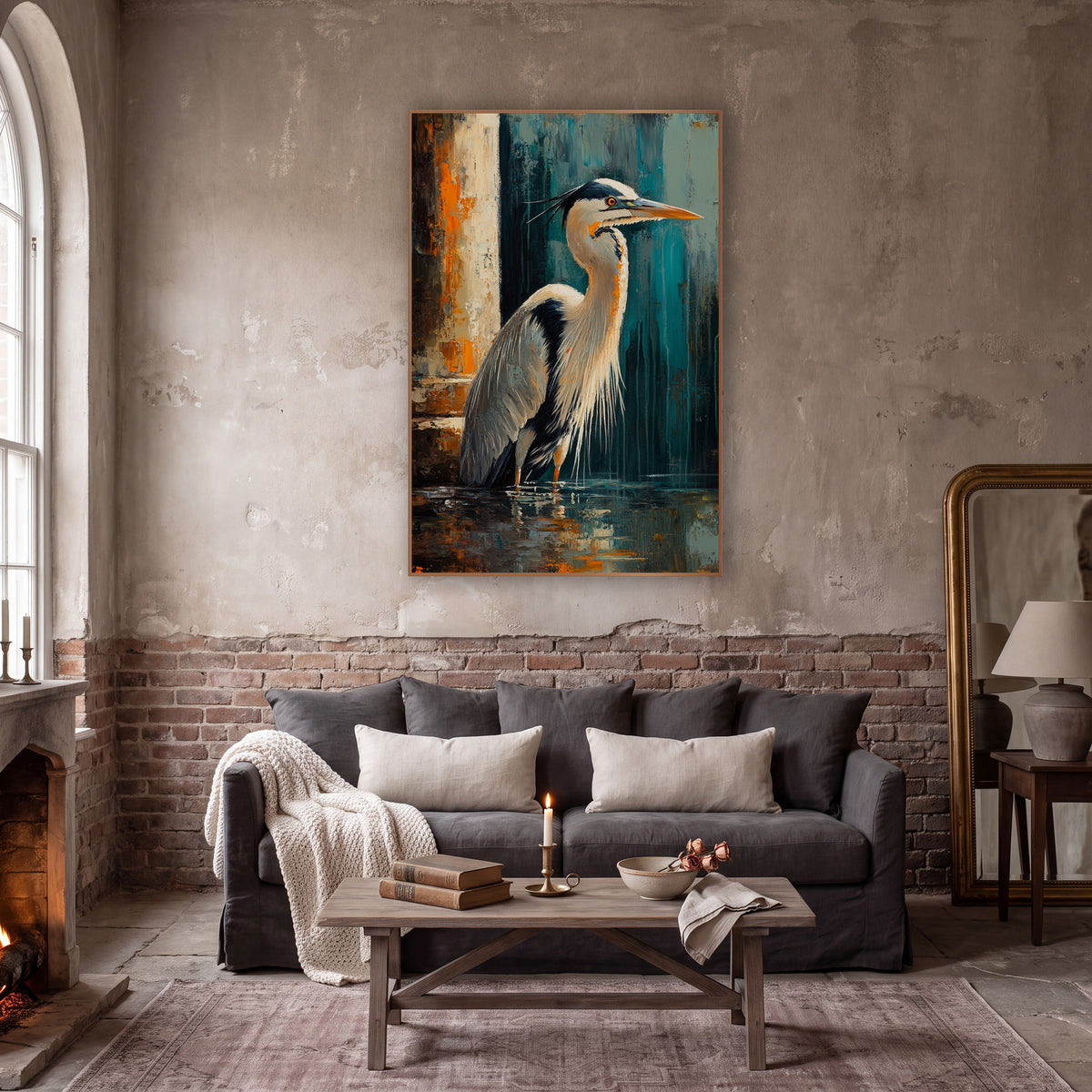 Heron in Teal and Rust Abstract wall art in a moody dark academia room – heron standing in dark water beside a cream