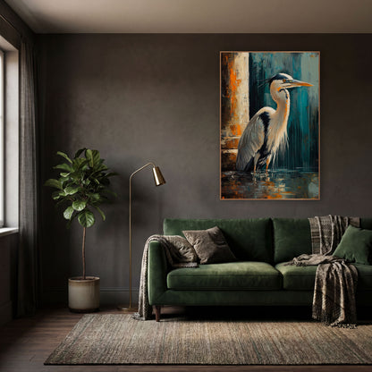 Heron in Teal and Rust Abstract wall art in a moody dark academia room – heron standing in dark water beside a cream