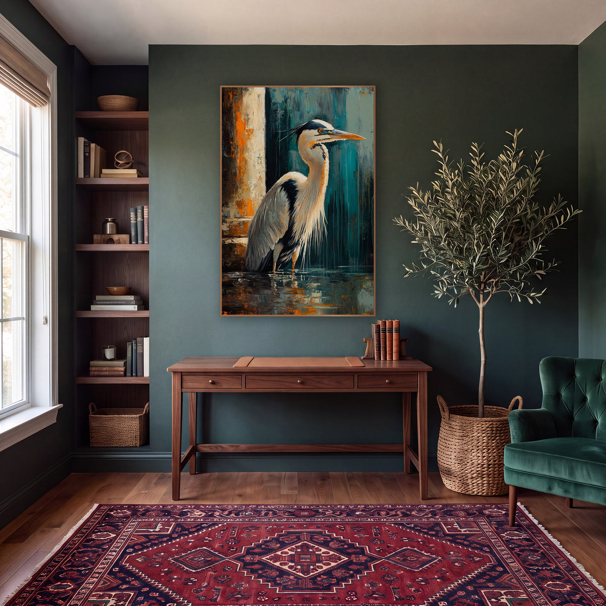 Heron in Teal and Rust Abstract wall art in a moody dark academia room – heron standing in dark water beside a cream
