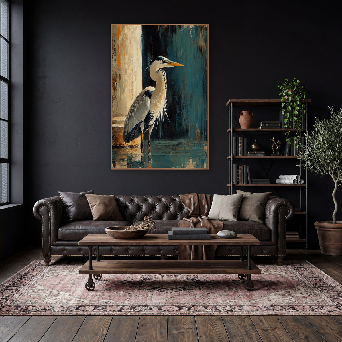 Right Facing Heron Teal Moody wall art in a moody dark academia room – heron standing in shallow water beside a pale