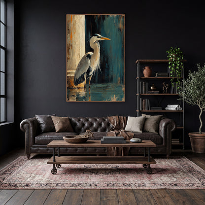 Right Facing Heron Teal Moody wall art in a moody dark academia room – heron standing in shallow water beside a pale