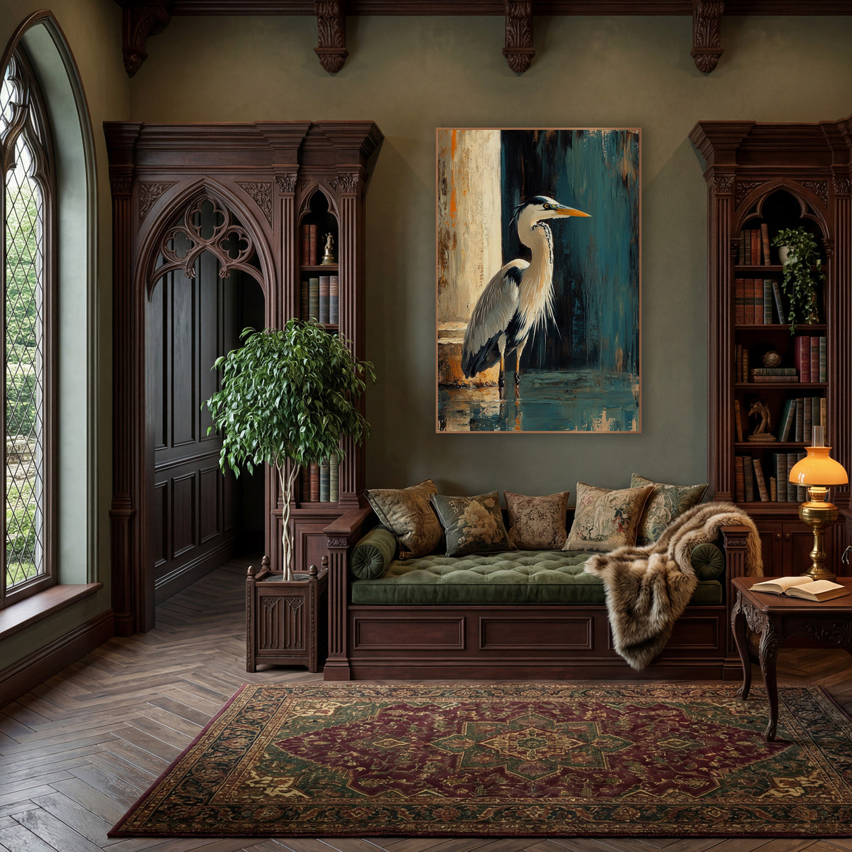 Right Facing Heron Teal Moody wall art in a moody dark academia room – heron standing in shallow water beside a pale