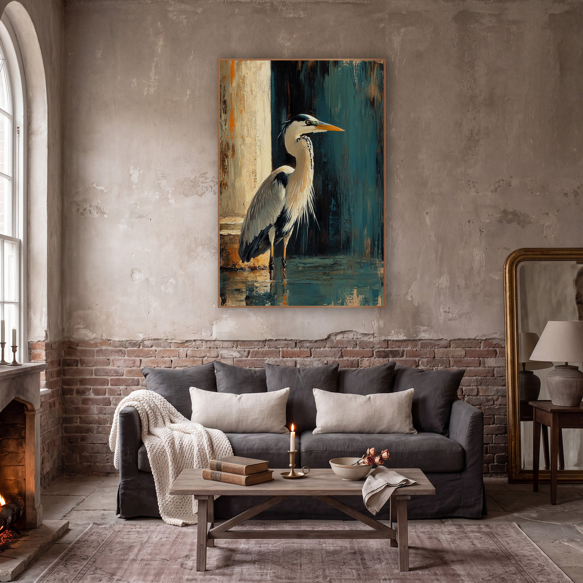 Right Facing Heron Teal Moody wall art in a moody dark academia room – heron standing in shallow water beside a pale