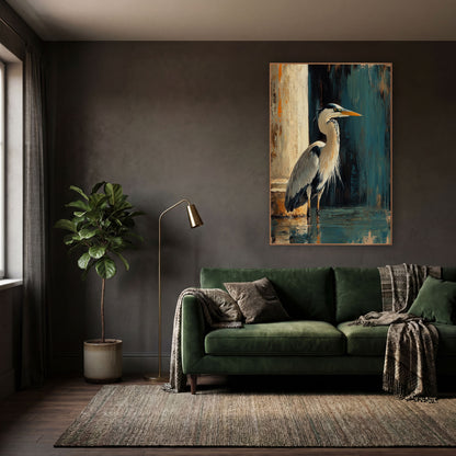 Right Facing Heron Teal Moody wall art in a moody dark academia room – heron standing in shallow water beside a pale