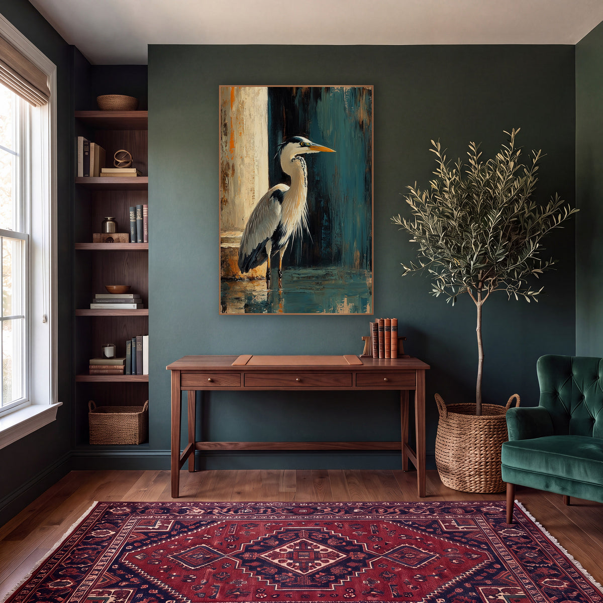 Right Facing Heron Teal Moody wall art in a moody dark academia room – heron standing in shallow water beside a pale