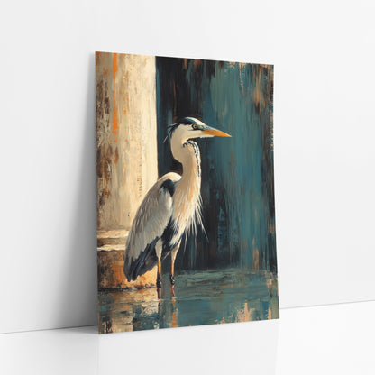 Right Facing Heron Teal Moody art print leaning against a white wall – heron standing in shallow water beside a pale column