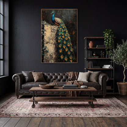 Peacock Trailing Feathers Ivy Wall Moody wall art in a moody dark academia room – peacock with long teal and orange