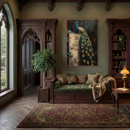 Peacock Trailing Feathers Ivy Wall Moody wall art in a moody dark academia room – peacock with long teal and orange