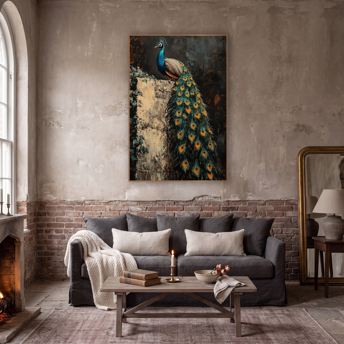 Peacock Trailing Feathers Ivy Wall Moody wall art in a moody dark academia room – peacock with long teal and orange