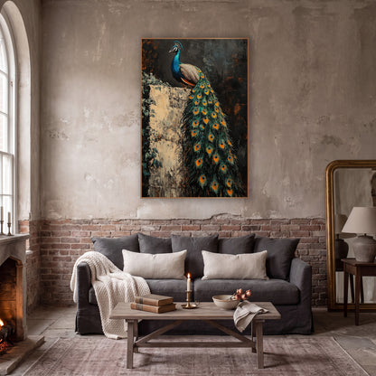 Peacock Trailing Feathers Ivy Wall Moody wall art in a moody dark academia room – peacock with long teal and orange