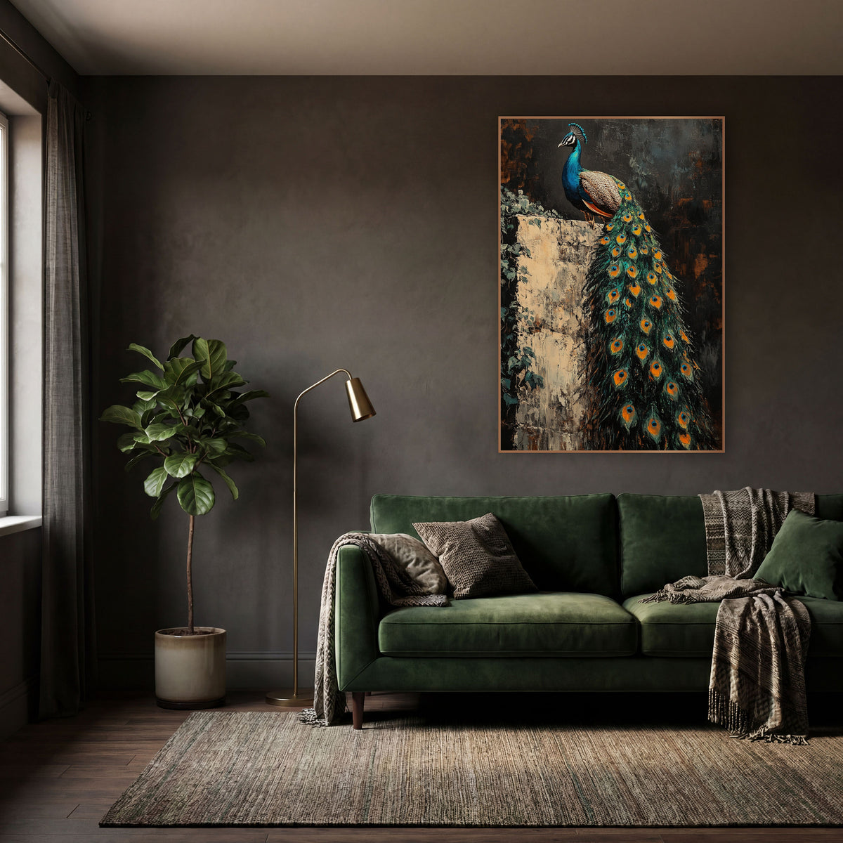 Peacock Trailing Feathers Ivy Wall Moody wall art in a moody dark academia room – peacock with long teal and orange