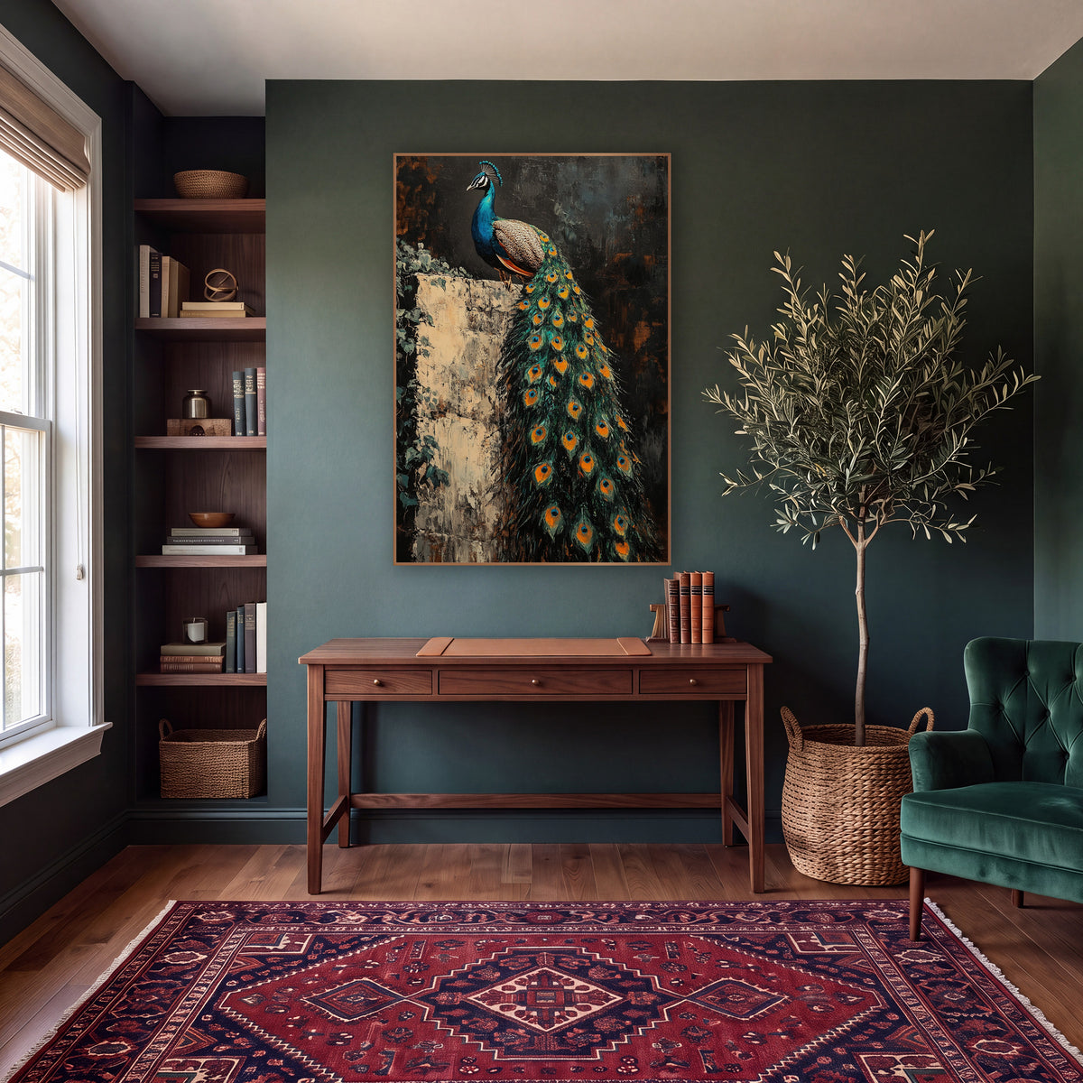 Peacock Trailing Feathers Ivy Wall Moody wall art in a moody dark academia room – peacock with long teal and orange