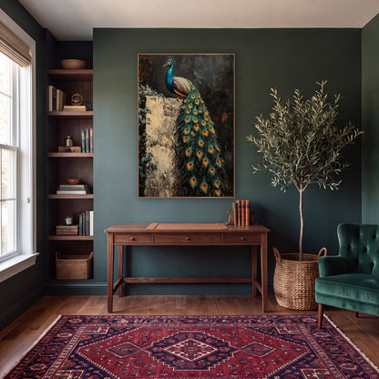 Peacock Trailing Feathers Ivy Wall Moody wall art in a moody dark academia room – peacock with long teal and orange