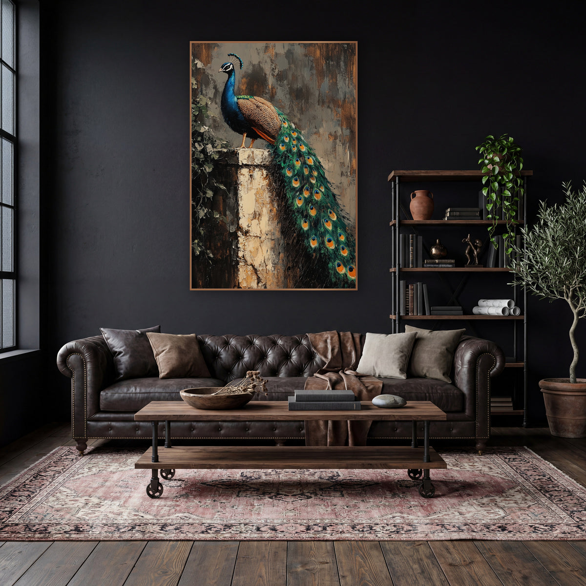 Peacock On Stone Pillar Moody wall art in a moody dark academia room – peacock with long green tail perched on a worn
