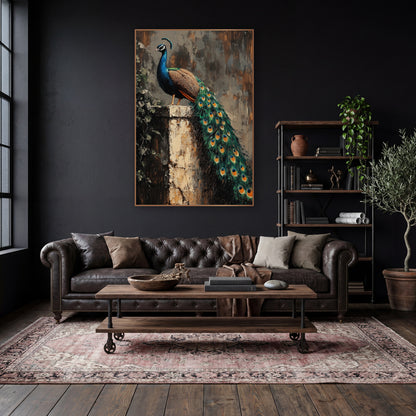 Peacock On Stone Pillar Moody wall art in a moody dark academia room – peacock with long green tail perched on a worn
