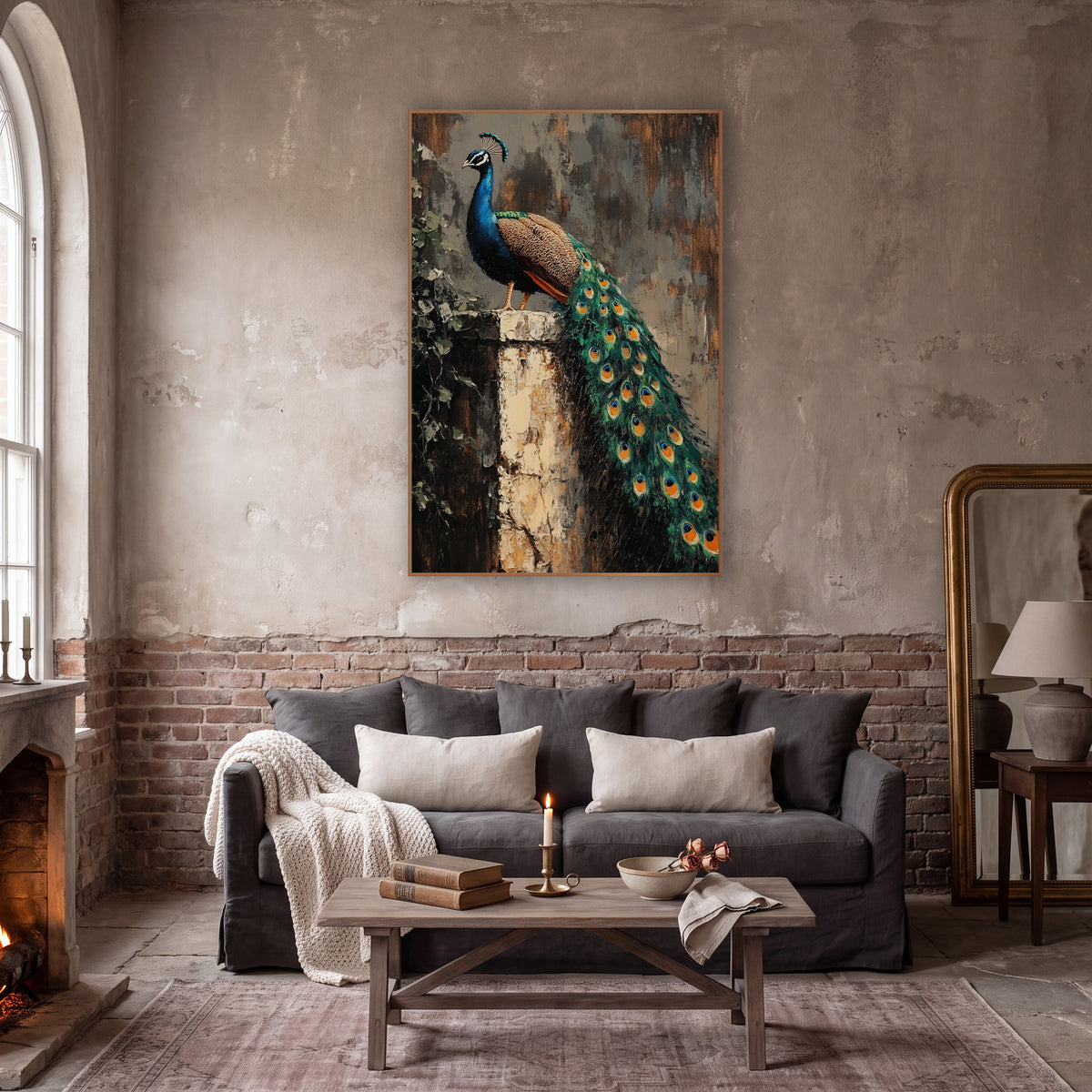 Peacock On Stone Pillar Moody wall art in a moody dark academia room – peacock with long green tail perched on a worn