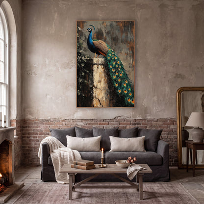 Peacock On Stone Pillar Moody wall art in a moody dark academia room – peacock with long green tail perched on a worn