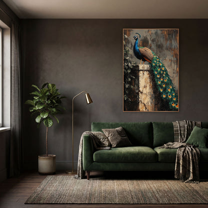 Peacock On Stone Pillar Moody wall art in a moody dark academia room – peacock with long green tail perched on a worn