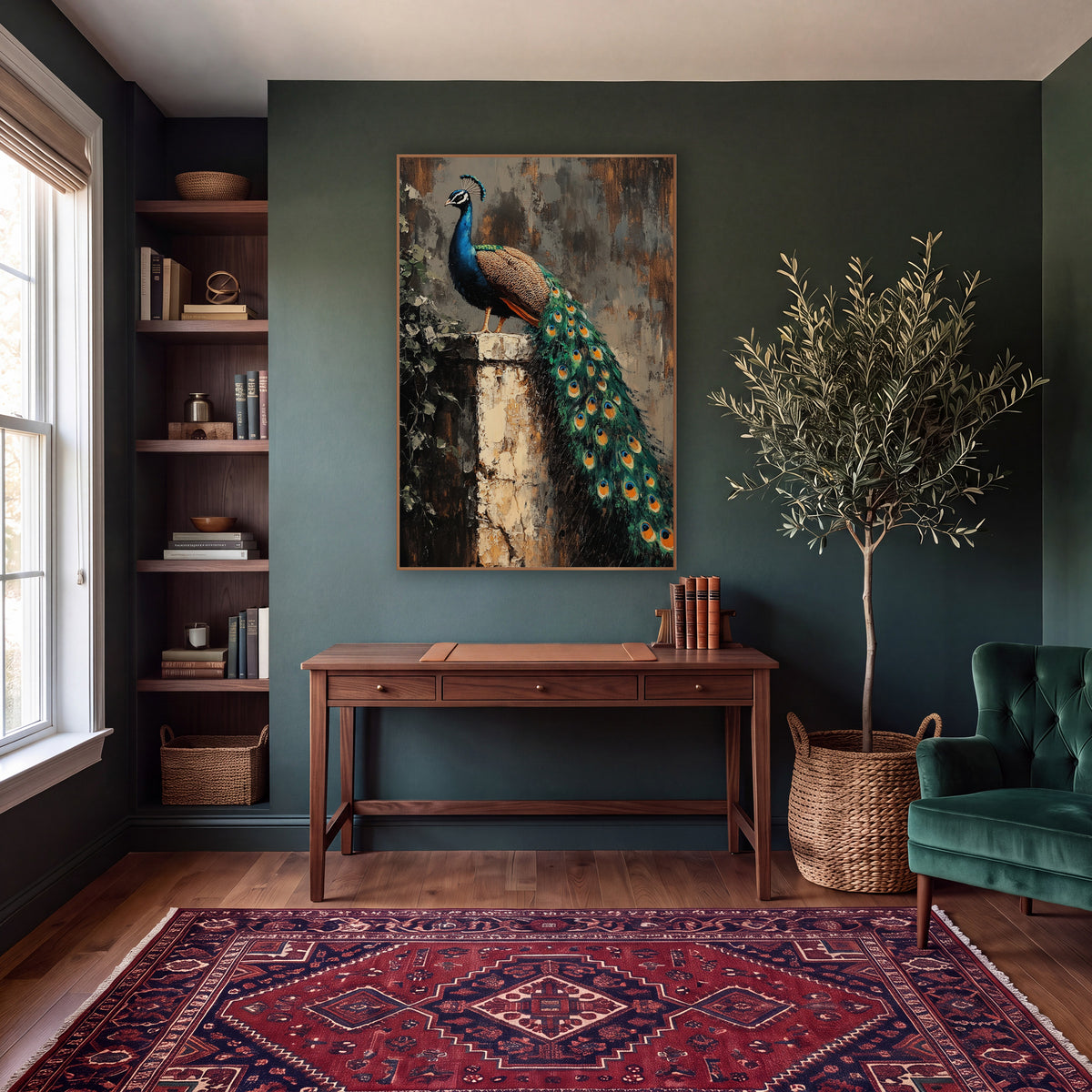 Peacock On Stone Pillar Moody wall art in a moody dark academia room – peacock with long green tail perched on a worn