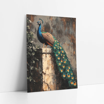 Peacock On Stone Pillar Moody art print leaning against a white wall – peacock with long green tail perched on a worn cream