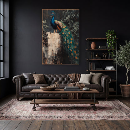 Peacock Perched On Stone Pedestal Dark Academia wall art in a moody dark academia room – peacock with long teal train