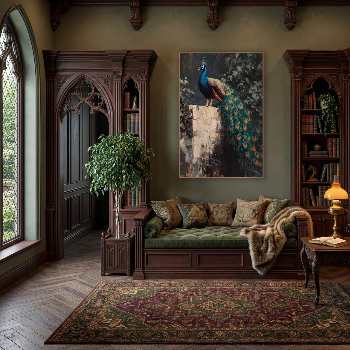 Peacock Perched On Stone Pedestal Dark Academia wall art in a moody dark academia room – peacock with long teal train