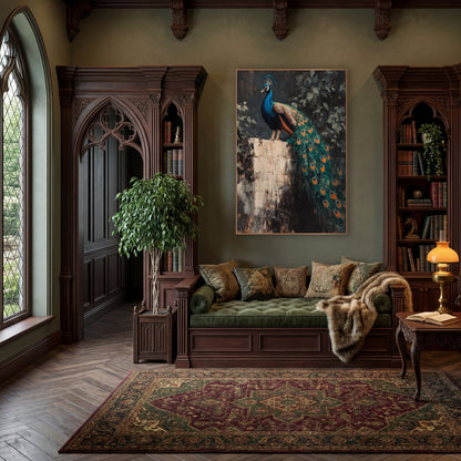 Peacock Perched On Stone Pedestal Dark Academia wall art in a moody dark academia room – peacock with long teal train