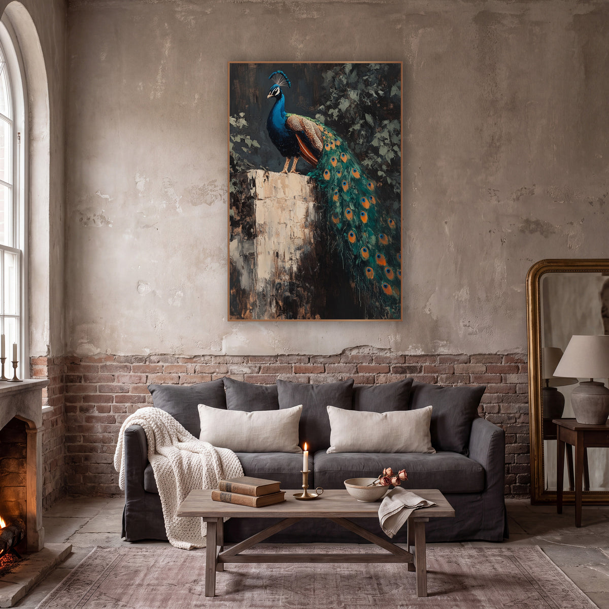 Peacock Perched On Stone Pedestal Dark Academia wall art in a moody dark academia room – peacock with long teal train