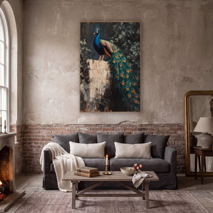 Peacock Perched On Stone Pedestal Dark Academia wall art in a moody dark academia room – peacock with long teal train