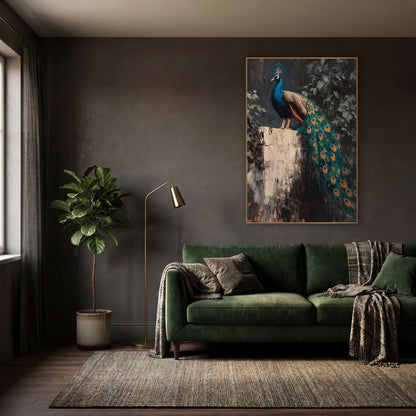 Peacock Perched On Stone Pedestal Dark Academia wall art in a moody dark academia room – peacock with long teal train