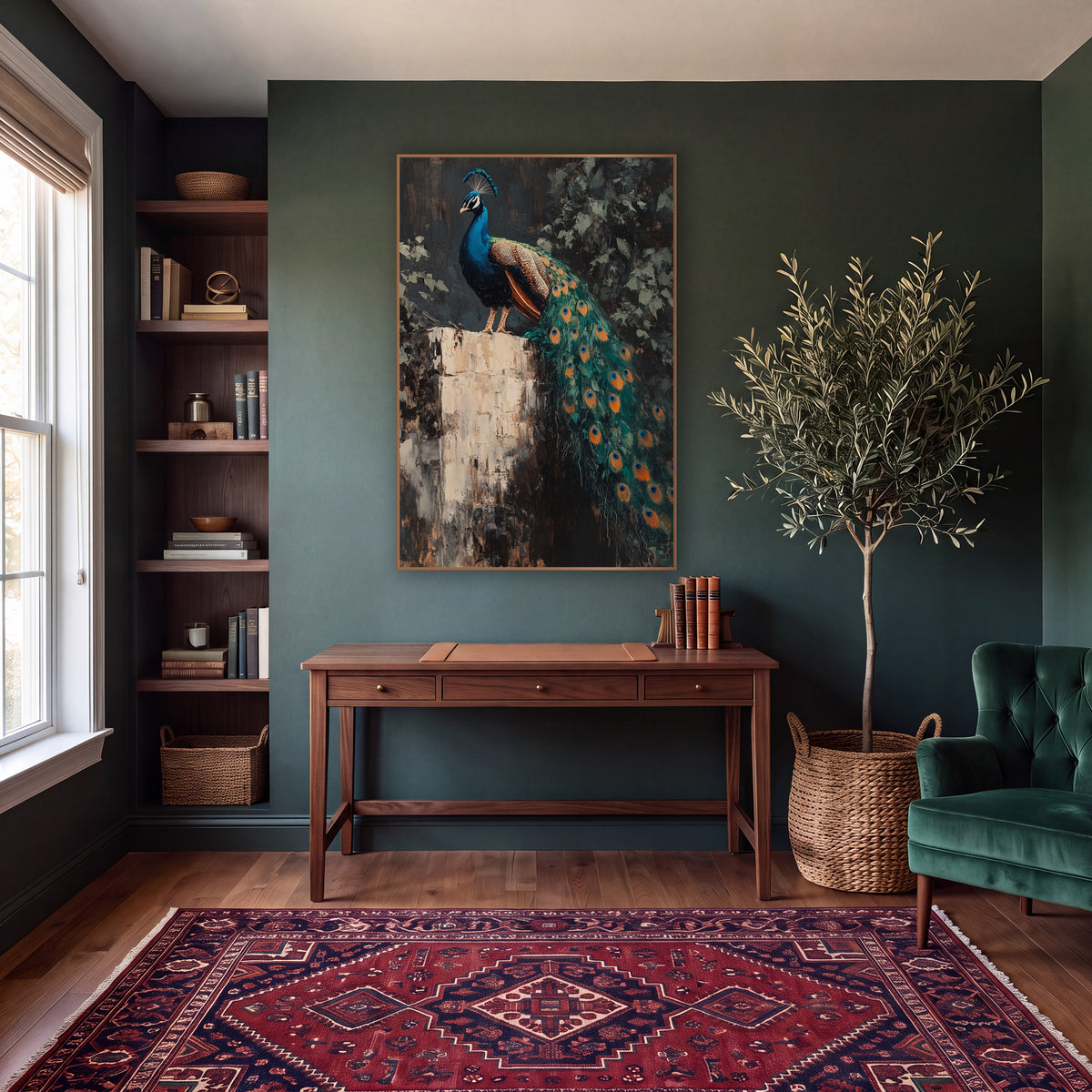 Peacock Perched On Stone Pedestal Dark Academia wall art in a moody dark academia room – peacock with long teal train