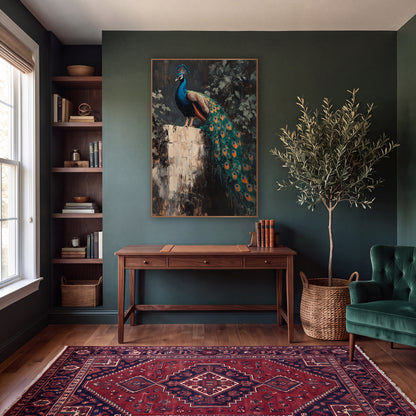Peacock Perched On Stone Pedestal Dark Academia wall art in a moody dark academia room – peacock with long teal train