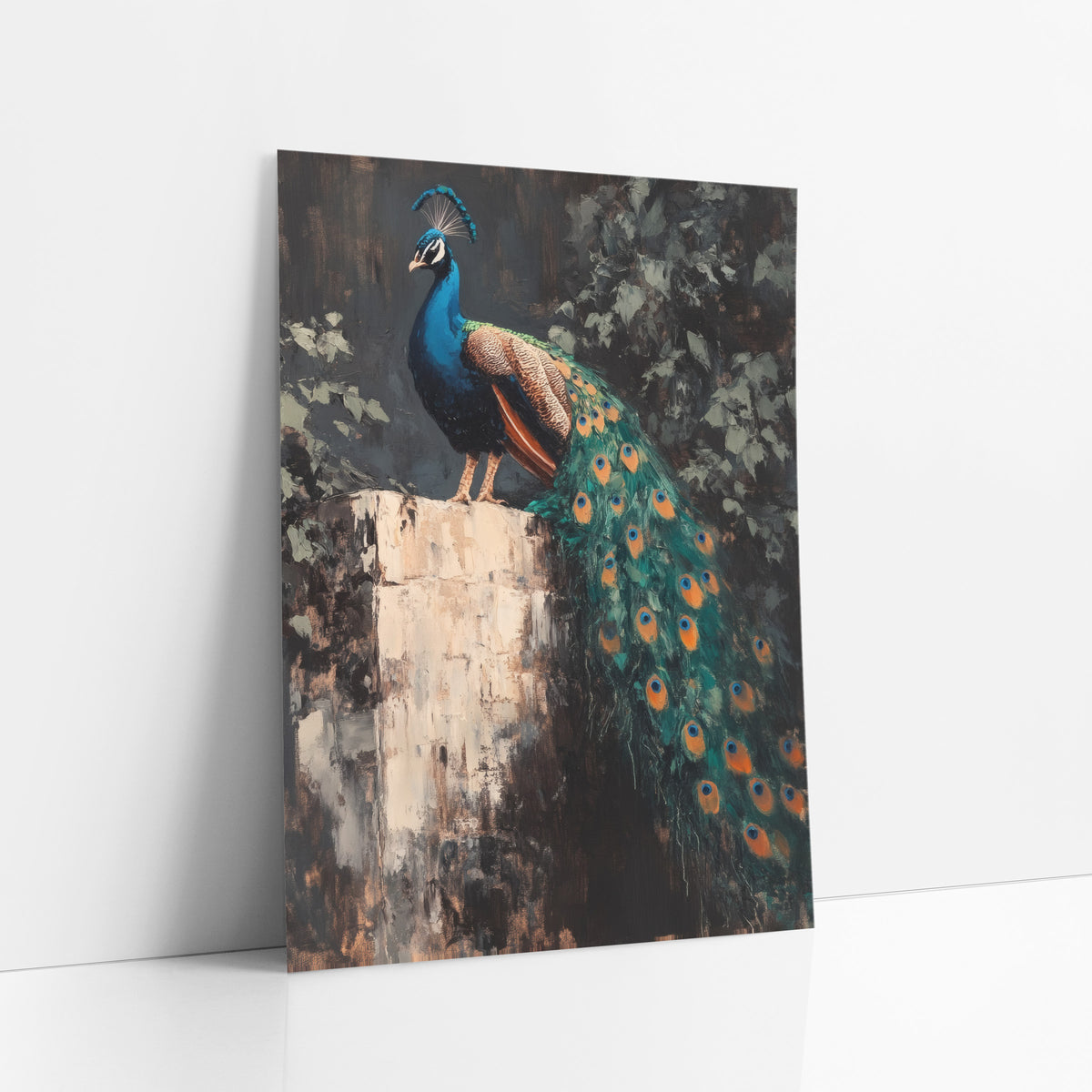 Peacock Perched On Stone Pedestal Dark Academia art print leaning against a white wall – peacock with long teal train