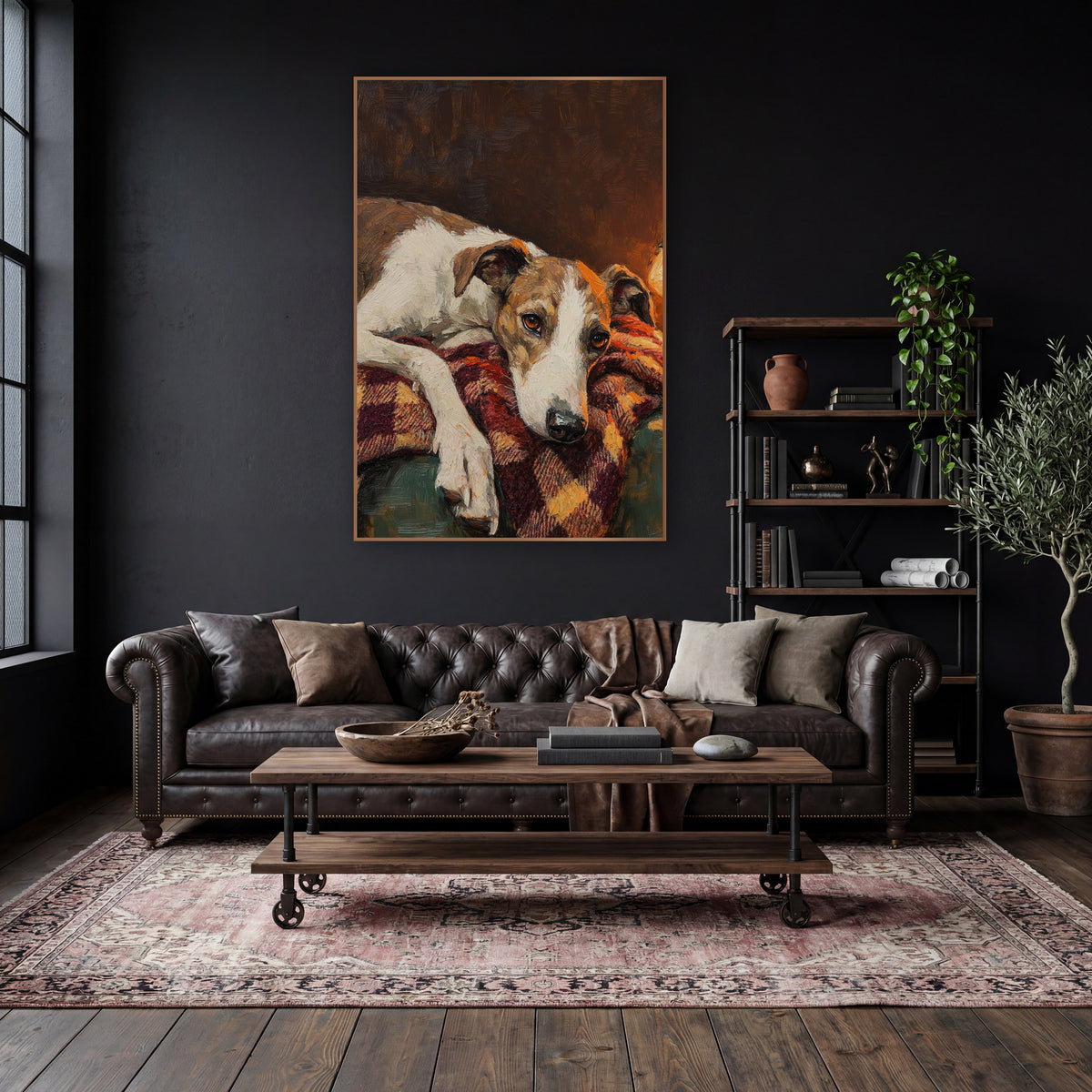 Resting Hound Lamplit Portrait Dark Academia wall art in a moody dark academia room – white and tan hound resting