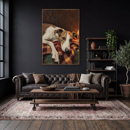 Resting Hound Lamplit Portrait Dark Academia wall art in a moody dark academia room – white and tan hound resting