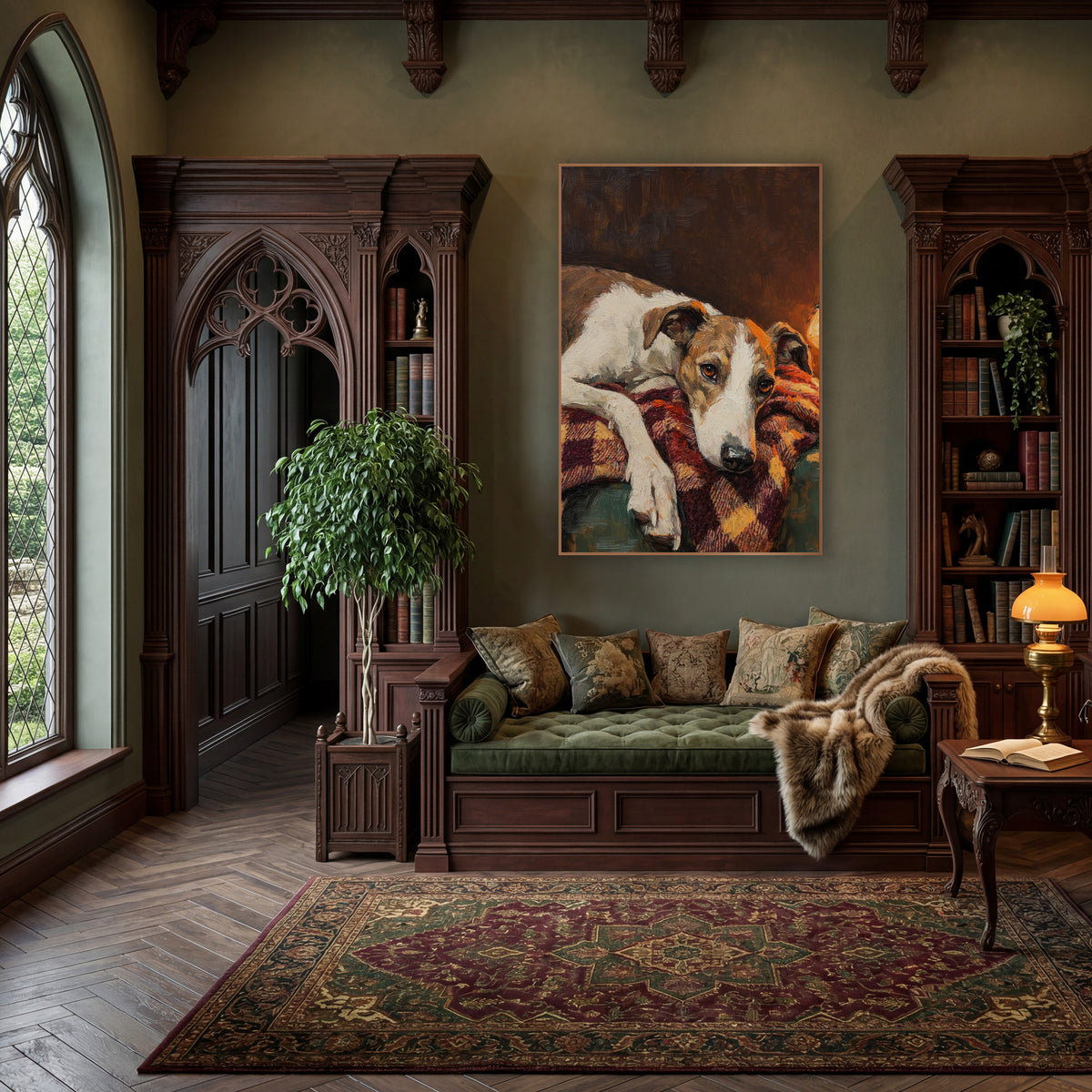 Resting Hound Lamplit Portrait Dark Academia wall art in a moody dark academia room – white and tan hound resting