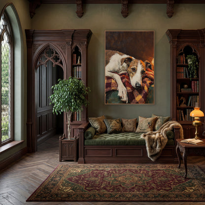 Resting Hound Lamplit Portrait Dark Academia wall art in a moody dark academia room – white and tan hound resting