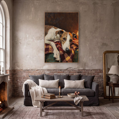 Resting Hound Lamplit Portrait Dark Academia wall art in a moody dark academia room – white and tan hound resting