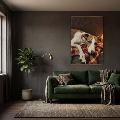 Resting Hound Lamplit Portrait Dark Academia wall art in a moody dark academia room – white and tan hound resting