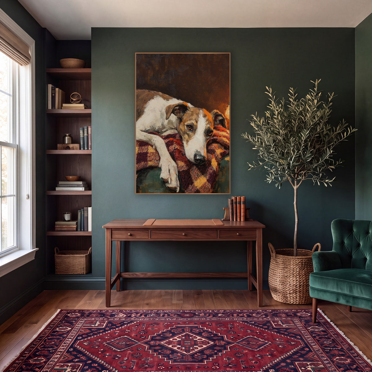 Resting Hound Lamplit Portrait Dark Academia wall art in a moody dark academia room – white and tan hound resting