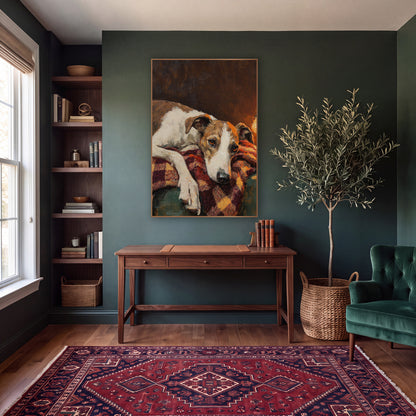 Resting Hound Lamplit Portrait Dark Academia wall art in a moody dark academia room – white and tan hound resting