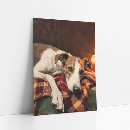Resting Hound Lamplit Portrait Dark Academia art print leaning against a white wall – white and tan hound resting its head