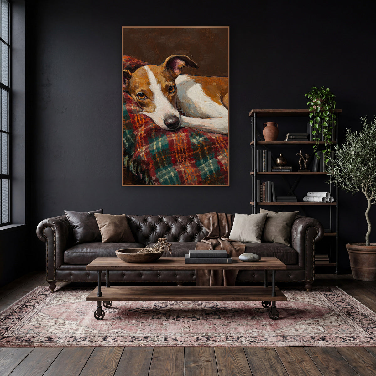 Resting Tan White Dog Portrait wall art in a moody dark academia room – tan and white dog resting its head on a red