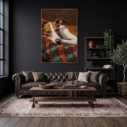 Resting Tan White Dog Portrait wall art in a moody dark academia room – tan and white dog resting its head on a red