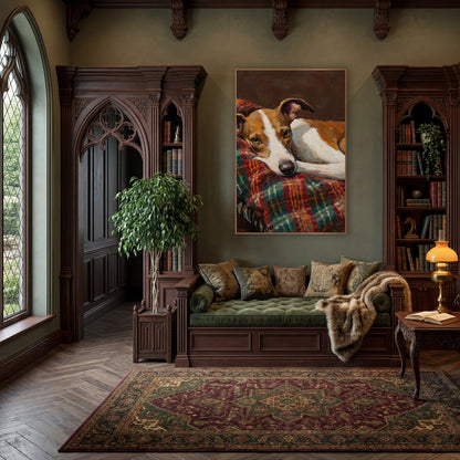 Resting Tan White Dog Portrait wall art in a moody dark academia room – tan and white dog resting its head on a red
