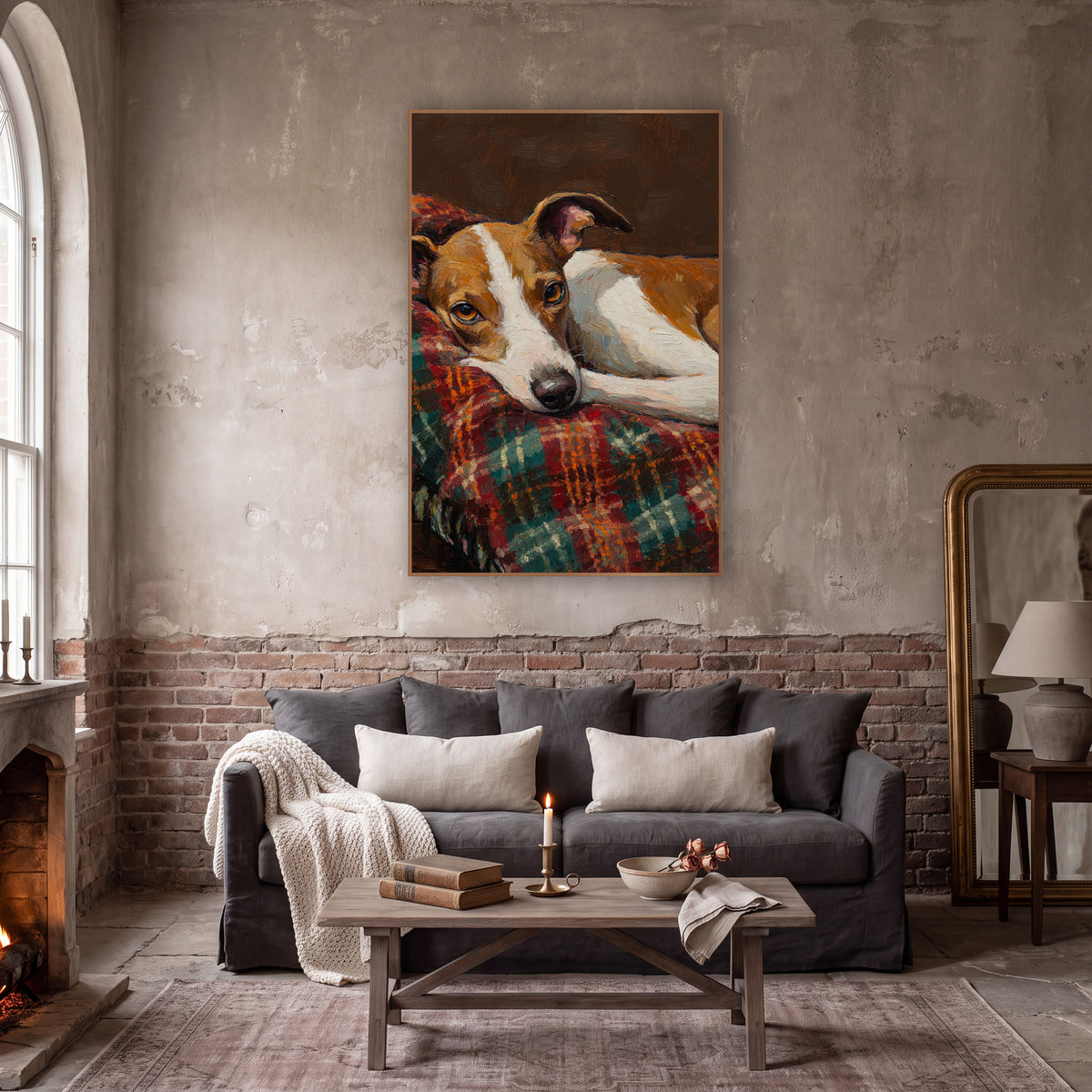 Resting Tan White Dog Portrait wall art in a moody dark academia room – tan and white dog resting its head on a red